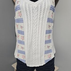 POL White and Blue Striped Floral Tank Top